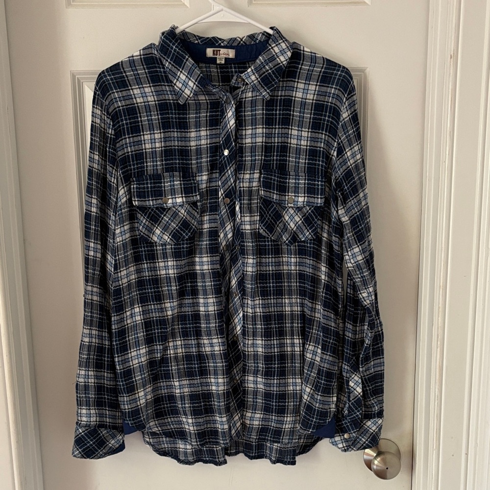 Kut from the Kloth Blue and White Plaid Button Down Shirt